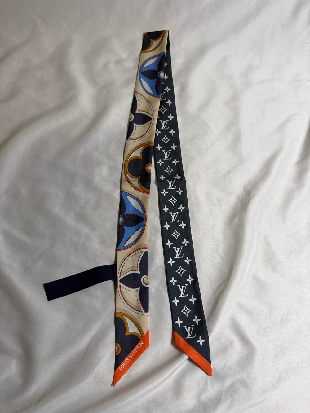 Louis Vuitton Multicolor Silk Twilly with Navy and Orange Accents